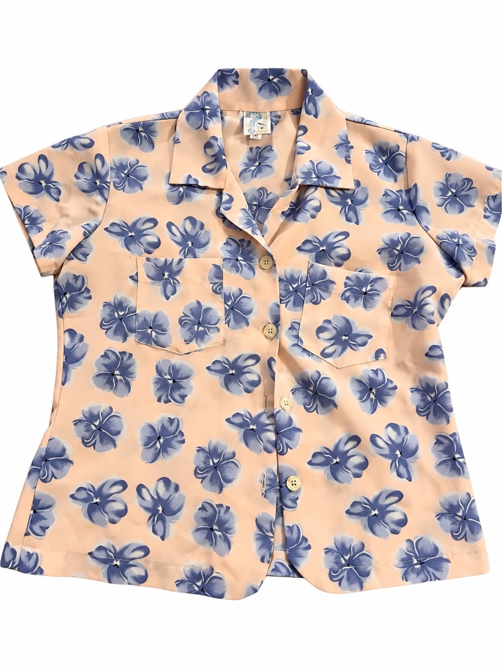 Vintage whatchamacallit Women's Peach Floral Button-Down Shirt with Blue Print